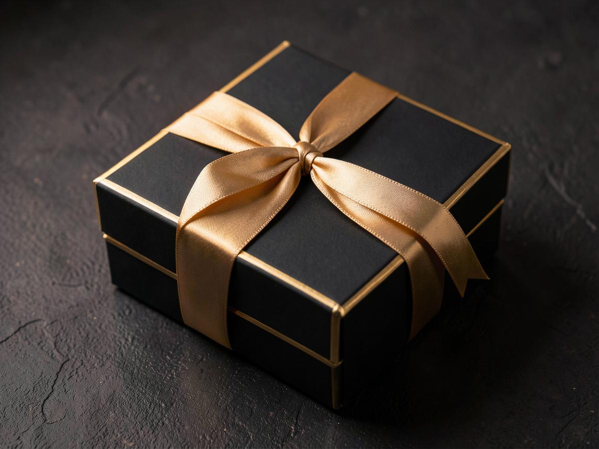 Black Golda jewelry box finished with a gold ribbon