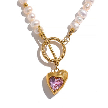 Natural Pearl Heart Zirconia 18k Gold Plated Necklace - Golda-Jewelry